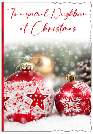 Share festive cheer with your local community this Christmas with our charming 'Neighbour' card. From Out of The Blue Studios Ltd., this delightful design features two beautifully decorated red baubles nestled in soft snow, complete with sparkling accents and a flurry of snowflakes. The heartfelt message, 'To a special Neighbour at Christmas', makes it the perfect way to send warm wishes and appreciation.
This eye-catching card captures the magic of the season, offering a traditional yet elegant appeal that customers will adore. Stock up on these popular Christmas greetings, available in convenient packs of 6. A wonderful addition to any festive card display, ensuring your customers can easily find the perfect card for those special people next door.