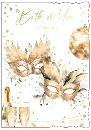 Offer your customers a touch of festive elegance with the 'To Both Of You' Christmas card, from Out of The Blue Studios Ltd. This beautiful design captures the spirit of celebration, featuring sophisticated masquerade masks adorned with feathers, sparkling champagne flutes, and a dazzling disco ball. Scattered golden stars and a rich, warm colour palette create a truly inviting and glamorous feel. It's the perfect card for conveying heartfelt Christmas wishes to a special couple. Stock up for the holiday season; these exquisite cards are available in convenient packs of 6.