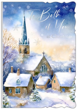Capture the serene beauty of the festive season with our 'To Both Of You' Christmas card. This enchanting design, from Out of The Blue Studios Ltd., features a picturesque snowy village scene, complete with a charming church steeple and cosy cottages nestled under a blanket of fresh snow. Delicate snowflakes drift across a soft, warm sky, creating a truly magical atmosphere.
The elegant 'To Both of You at Christmas' message makes this card a perfect choice for couples, friends, or family. Its beautiful watercolour style and decorative edges offer a premium feel. Available in convenient packs of 6, this delightful card is sure to be a popular addition to your seasonal collection, bringing warmth and joy to every recipient.