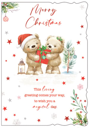 Introduce a touch of festive magic to your card selection with this charming Open Christmas Card from Out of The Blue Studios Ltd. This delightful design features two adorable teddy bears, complete with Santa hat and holly, sharing a special gift amidst a snowy scene. The heartwarming illustration is beautifully complemented by traditional Christmas foliage, twinkling stars, and delicate snowflakes. Inside, the thoughtful message reads, "This loving greeting comes your way, to wish you a magical day," making it perfect for sending warm wishes to anyone. Stock up on these lovely cards, supplied in a convenient pack of 6, and help your customers spread joy this holiday season.