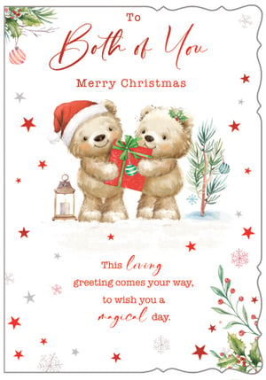 Bring double the festive cheer with our adorable 'To Both Of You' Christmas card! This heartwarming design features two charming teddy bears, one in a Santa hat, sharing a special gift amidst a snowy, star-filled scene. Complete with a twinkling Christmas tree, a cosy lantern, and festive holly, it perfectly captures the magic of the season.
The loving message, "Merry Christmas... This loving greeting comes your way, to wish you a magical day," makes it ideal for sending warm wishes to a special couple or pair. Stock up on this delightful card from Out of The Blue Studios Ltd., available in a convenient pack of 6. It's sure to bring smiles this Christmas!