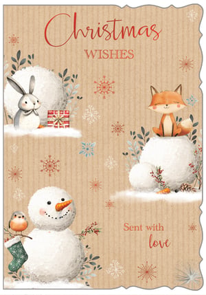 Share the joy of the season with this enchanting 'Open' Christmas card from Out of The Blue Studios Ltd. Adorned with a delightful watercolour illustration, it captures a heartwarming winter wonderland scene. A friendly bunny sits beside a festive gift, a sweet fox peeks from a snowy mound, and a cheerful snowman, complete with a robin and stocking, brings a smile. Set against a charming kraft paper background with delicate snowflakes and winter berries, this card beautifully conveys "Christmas Wishes" and is "Sent with love." Its unique torn-edge design adds a handcrafted touch. Available in a convenient pack of 1x6, it's perfect for spreading festive cheer.