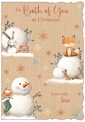 Bring a touch of festive charm to your shelves with our delightful "To Both Of You" Christmas card. This adorable design features a heartwarming winter scene, perfect for sending warm wishes to a special couple. A cute rabbit, a sweet fox, and a friendly snowman with a robin create a charming tableau against a rustic background, adorned with delicate snowflakes. The message "Sent with love" adds an extra touch of warmth and sincerity. Crafted by Out of The Blue Studios Ltd., these charming cards come in a convenient pack size of 1x6, making them an ideal addition to your Christmas card collection. Your customers will adore sending these lovely cards this festive season.