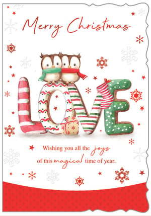 Spread festive cheer with this adorable 'Open' Christmas card from Out of The Blue Studios Ltd. Featuring two charming owls nestled amongst beautifully decorated 'LOVE' letters, this card is sure to bring a smile to anyone's face. The whimsical design, complete with candy cane stripes, gingerbread patterns, and festive snowflakes, perfectly captures the magic of the season.

Inside, a heartfelt message wishes recipients 'all the joys of this magical time of year'. Perfect for sending warm wishes to friends and family, these delightful cards come in a convenient pack of six, ready to share the love this Christmas.