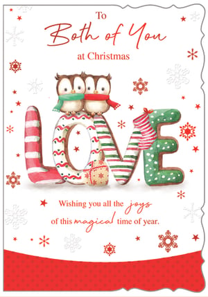 Spread festive cheer to your customers with our delightful 'To Both Of You' Christmas card! This charming design features two adorable owls, snuggled together on festive gingerbread-style letters spelling 'LOVE'. Adorned with candy cane stripes, polka dots, and a cosy stocking, it's bursting with warmth and holiday spirit.
The heartfelt message, "Wishing you all the joys of this magical time of year," makes it the perfect choice for couples, friends, or family celebrating together. Designed by Out of The Blue Studios Ltd., these beautiful cards come in a convenient pack of 6, ready to bring smiles to your shelves this Christmas season. A truly heartwarming addition to any festive collection!