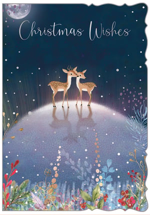 Capture the magic of the festive season with this exquisite "Christmas Wishes" card. Adorned with a tender scene of two deer nuzzling on a moonlit hill, it evokes a truly heartwarming winter wonderland. The deep blue night sky sparkles with delicate snow, while the foreground bursts with beautifully illustrated foliage, accented with shimmering gold and festive red berries. This enchanting design, featuring elegant script, is perfect for conveying sincere holiday greetings. Supplied by Out of The Blue Studios Ltd., each wholesale pack contains 6 identical cards, ensuring your customers can share their warmest wishes with style this Christmas.