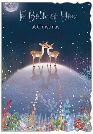 Introduce a touch of festive magic to your Christmas card selection with "To Both Of You" from Out of The Blue Studios Ltd. This enchanting card beautifully captures the spirit of the season, featuring two loving deer nuzzling under a serene moonlit sky. Delicate falling snow and shimmering foliage in rich blues, greens, and reds create a truly captivating scene. With its heartfelt message, this card is perfect for couples and will convey warm wishes to any recipient. Available in a convenient pack of 6, it's an essential addition for retailers looking to offer something special this Christmas.