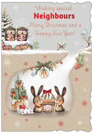 Send warm festive wishes to your neighbours this Christmas with this adorable card from Out of The Blue Studios Ltd. Our 'Neighbours' card features a charming design, showcasing two sweet hedgehogs nestled in the snow by a festive Christmas tree, holding wrapped gifts. Below, a delightful scene unfolds with two bunnies, each clutching a carrot, surrounded by more presents and a carrot-adorned Christmas tree. The card's heartfelt message, "Wishing special Neighbours Merry Christmas and a Happy New Year!", is sure to bring a smile. Perfect for spreading seasonal cheer, this lovely card comes in a convenient pack of 6, ready to share with all your special neighbours.
