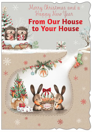 Introduce a touch of whimsical charm to your Christmas card selection with our 'House to House' design. This enchanting card features two adorable hedgehogs and bunnies, nestled in a snowy, festive scene, perfect for conveying warm wishes. The delightful artwork, complete with miniature Christmas trees and thoughtful gifts, truly captures the spirit of giving. Each card beautifully expresses 'Merry Christmas and a Happy New Year From Our House to Your House'. Available in a handy pack of 6, these cards are ideal for customers looking for something truly special this holiday season.
