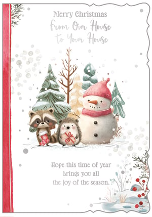 Bring heartwarming festive cheer to your customers with our delightful 'House to House' Christmas cards from Out of The Blue Studios Ltd. This charming design features an adorable winter scene, complete with a friendly snowman, a sweet raccoon holding a stocking, and a cute hedgehog with a gift, all nestled amongst snow-dusted trees.
The beautiful watercolour style and gentle sparkle effects create a truly magical feel. With the lovely message, "Merry Christmas From Our House To Your House," and a wish for "joy of the season," these cards are perfect for spreading warmth and goodwill. Each pack contains 6 cards, ready to add a touch of festive charm to your retail offering this holiday season.