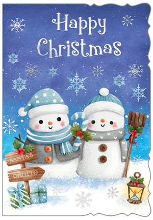 Introduce a touch of festive magic to your Christmas card selection with our delightful 'Open' card. This charming design from Out of The Blue Studios Ltd. features two wonderfully cheerful snowmen, dressed in their winter best, surrounded by a flurry of snowflakes. The heartwarming watercolour illustration includes a 'Santa's Grotto' sign, festive presents, and a glowing lantern, all under a clear 'Happy Christmas' message. Perfect for general Christmas greetings, this card captures the joy of the season. Available in a convenient 1x6 pack, it’s an ideal choice for retailers looking to offer a traditional yet adorable option to their customers.