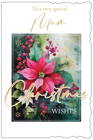 Presenting our exquisite 'Mum' Christmas card, designed to convey the warmest festive wishes. This beautiful card features a stunning watercolour illustration, showcasing a vibrant pink poinsettia at its heart, surrounded by lush green foliage and cheerful red berries. Elegant gold script highlights 'Christmas Wishes', perfectly complementing the loving message 'To a very special Mum'. With its sophisticated design and heartfelt sentiment, this card is an ideal choice for celebrating a cherished Mum this Christmas. Available in convenient packs of 6, these cards from Out of The Blue Studios are a must-have addition to your seasonal collection.