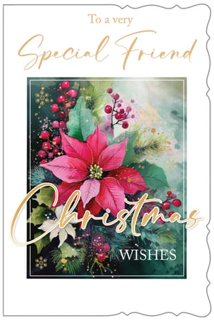 Elevate your Christmas card selection with our "Friend Female" design, a truly beautiful offering from Out of The Blue Studios Ltd. This exquisite card features a captivating watercolour illustration of a vibrant pink poinsettia, nestled amongst festive red berries and lush green pine. Glistening gold accents add a touch of seasonal sparkle, perfectly complementing the warm message: "To a very Special Friend" and "Christmas Wishes". Ideal for customers seeking a thoughtful and visually stunning card for their cherished friends. Available in a convenient pack size of 1x6, ensuring you're well-stocked for the festive season.