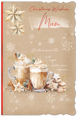 Make Mum's Christmas extra special with this beautifully designed card from Out of The Blue Studios Ltd. Capturing the true spirit of the festive season, this card features a warm and inviting scene. Shimmering golden stars and delicate snowflakes adorn the rustic kraft paper background, while a delightful illustration showcases cosy Christmas spice lattes alongside delicious gingerbread cookies.

The elegant red ribbon detail adds a touch of charm, making this 'Mum' card the perfect way to send heartfelt Christmas Wishes. It's sure to bring a smile to her face. Available in a convenient pack of 6, this lovely card is an essential addition to your festive card collection.