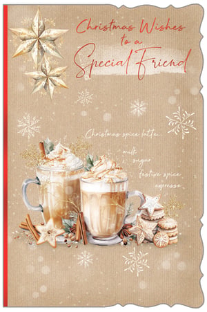 Send warm festive cheer to a wonderful friend this Christmas with this delightful card. Featuring a beautiful illustration of two steaming Christmas spice lattes, complete with whipped cream, cinnamon sticks, and festive star biscuits, it perfectly captures the cosy spirit of the season. Golden glittery stars and delicate snowflakes adorn the rustic kraft paper background, adding a touch of sparkle. The heartfelt message, 'Christmas Wishes to a Special Friend,' is elegantly scripted in red, making it the perfect way to show you care. A truly inviting design for any female friend, this card is sure to bring a smile.