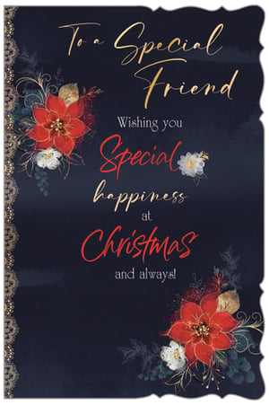 Send warm wishes this festive season with our elegant 'To a Special Friend' Christmas card. This beautiful design features rich red poinsettias and delicate white flowers, accented with intricate gold foliage, all set against a sophisticated deep blue background. The heartfelt message, "Wishing you Special happiness at Christmas and always!", is presented in a charming mix of gold and red script. Perfect for showing appreciation to a cherished friend, this card offers a truly lovely way to connect during the holidays. Each pack contains 6 cards, ready for your customers to share the festive cheer.