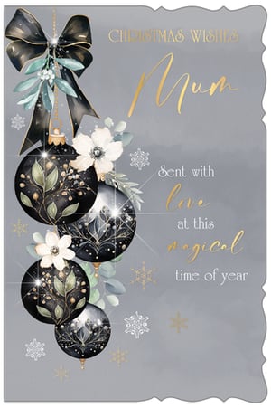 Send your Mum the warmest Christmas wishes with this elegant card. Featuring a sophisticated design of black baubles, delicate white flowers, and shimmering gold accents, it's perfect for conveying love at this magical time of year. The beautiful black bow and festive foliage add a touch of luxury, making this a truly special way to celebrate the season. A thoughtful choice for a cherished Mum.