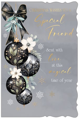 Celebrate the festive season with our exquisite 'Friend Female' Christmas card, perfect for that special person. This stunning design from Out of The Blue Studios Ltd. features an elegant black and gold colour palette, adorned with beautifully detailed baubles, a sophisticated black bow, and delicate foliage. Shimmering snowflakes add a touch of winter magic, complementing the heartfelt message: 'Christmas Wishes to a Special Friend, Sent with love at this magical time of year.' Each card is crafted to convey warmth and festive cheer. Available in a convenient pack size of 1x6, these cards are ideal for retailers looking to offer a premium, stylish option for their customers.