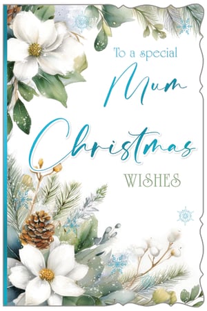 Help your customers celebrate Mum this Christmas with this lovely card from Out of The Blue Studios Ltd. This charming design beautifully captures the essence of winter, featuring elegant white flowers, frosted pine cones, and delicate evergreen foliage, all accented with shimmering blue snowflakes. The heartfelt message, "To a special Mum Christmas Wishes," is thoughtfully presented in a mix of graceful script and classic fonts, offering a wonderful way to convey festive greetings. Perfect for retailers, these delightful cards come in a convenient pack of 6, ready to bring warmth and joy to the holiday season.