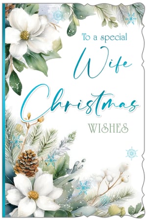 Help your customers celebrate their special wives this Christmas with these beautiful cards from Out of The Blue Studios Ltd. Each card features a stunning watercolour design, blending elegant white magnolias, festive pine foliage, and delicate blue snowflakes for a truly wintery feel. The heartfelt message, 'To a special Wife Christmas Wishes,' is beautifully presented in a charming teal script, making it a perfect choice for expressing love and warmth during the festive season. These exquisite cards are supplied in a convenient pack of 6, ready to add a touch of sophistication and sentiment to your seasonal greeting card selection. A delightful way to make her Christmas unforgettable.