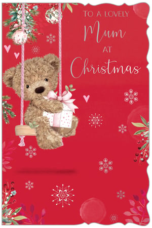Make Mum's Christmas extra special with this adorable card from Out of The Blue Studios Ltd. Featuring a charming teddy bear gently swinging amidst festive foliage, baubles, and delicate snowflakes, this card is sure to bring a smile. The sweet bear holds a beautifully wrapped gift, perfectly conveying warmth and love. With its vibrant red background and heartfelt message, 'TO A LOVELY Mum AT Christmas', it's the ideal way to show appreciation. Available in a convenient pack size of 1x6, these delightful cards are perfect for your seasonal stock. A truly lovely choice for a truly lovely Mum!
