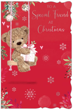 Send warm festive wishes to a cherished friend this Christmas with this utterly charming card from Out of The Blue Studios Ltd. Featuring an adorable teddy bear perched on a swing, lovingly holding a beautifully wrapped gift, this design is sure to bring a smile. The vibrant red background is adorned with delicate snowflakes, festive foliage, and sparkling baubles, creating a truly magical scene. Elegant silver script wishes 'TO A Special Friend AT Christmas', making it the perfect choice for that wonderful female friend in your life. Available in a convenient pack of six, these delightful cards are a must-have for your Christmas collection.