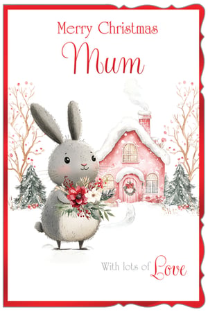 Make Mum's Christmas truly special with this enchanting card from Out of The Blue Studios Ltd. This delightful design features an adorable grey bunny, lovingly holding a festive bouquet, set against a charming snow-covered pink cottage. The whimsical winter scene, complete with frosted trees and a welcoming wreath, perfectly captures the magic of the season.

With "Merry Christmas Mum" elegantly displayed, and "With lots of Love" at the bottom, it's the perfect way for your customers to send heartfelt wishes. Available in a convenient pack of 6, these cards are sure to be a popular choice for spreading warmth and joy this Christmas.