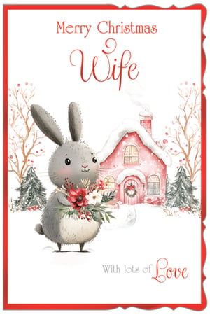 Help your customers share a heartfelt message this Christmas with our 'Wife' card, from Out of The Blue Studios Ltd. This charming design features an adorable grey bunny, holding a festive bouquet, set against a picturesque snowy backdrop with a cosy pink cottage. The card beautifully conveys 'Merry Christmas Wife' and 'With lots of Love', making it a wonderful choice for husbands looking to send a warm, personal greeting. Each card is thoughtfully designed, capturing the gentle spirit of the season. Available in a convenient pack of 6, these cards are a lovely addition to your festive collection, sure to bring a smile.