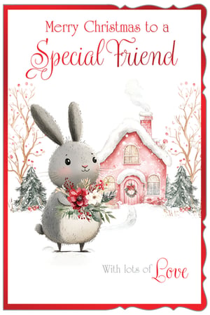 Spread festive cheer with our enchanting 'Friend Female' Christmas card, designed to delight that special person. This heartwarming card features an irresistibly cute bunny, clutching a beautiful bouquet of winter blooms, set against a charming snowy cottage scene. Delicate bare trees and snow-dusted evergreens complete the picturesque winter wonderland.
With the sweet message 'Merry Christmas to a Special Friend' and 'With lots of Love', it's the perfect way to share holiday warmth. Supplied by Out of The Blue Studios Ltd., these lovely cards come in a convenient pack of 6, ensuring you're well-stocked for the season. A truly thoughtful choice for your customers.