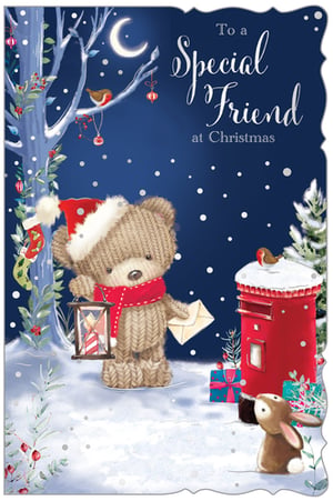 Send warm festive wishes to a cherished friend this Christmas with this utterly charming card from Out of The Blue Studios Ltd. Featuring an adorable knitted teddy bear, complete with Santa hat and red scarf, braving the snowy night to deliver a special Christmas letter.
The delightful scene is brought to life with falling snowflakes, a friendly robin perched on a traditional red post box, and a curious little rabbit. A twinkling crescent moon and a snow-dusted tree add to the magical winter wonderland feel. The heartfelt message "To a Special Friend at Christmas" makes this card perfect for showing someone how much they mean to you.
Each pack contains 6 of these beautiful 'Friend Female' cards, ready to bring joy to your customers this festive season.