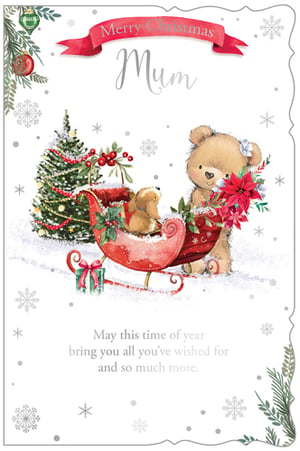 Make your Mum's Christmas extra special with this enchanting card from Out of The Blue Studios Ltd. Adorned with a heartwarming scene, it features a sweet teddy bear holding vibrant poinsettias, a playful puppy nestled in a festive sleigh, and a beautifully decorated Christmas tree, all set in a magical snowy landscape.

The front proudly displays 'Merry Christmas Mum' with a touching message inside: 'May this time of year bring you all you've wished for and so much more.' This delightful design captures the true spirit of the season. Available in a convenient pack of 6, these cards are perfect for retailers looking to stock charming Christmas greetings for Mums.