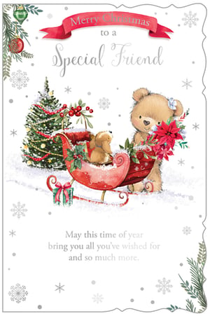 Make a special friend's Christmas truly magical with this enchanting card. Adorned with a sweet teddy bear holding vibrant poinsettias, a little companion in a festive sleigh, and a sparkling Christmas tree, this design radiates warmth and joy. The tender message, 'Merry Christmas to a Special Friend,' extends heartfelt wishes for all their dreams to come true this festive season. Perfect for sharing with those cherished female friends, each pack contains 6 beautifully crafted cards, ready to spread cheer. A truly lovely way to connect this holiday.