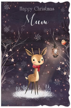 Show Mum how special she is this Christmas with this heartwarming card from Out of The Blue Studios Ltd. Featuring an adorable deer in a snug red scarf, set against a magical winter backdrop of twinkling lights, delicate snowflakes, and bare, frosted trees. A charming lantern and a sweet robin add to the festive scene, making this 'Happy Christmas Mum' card truly memorable. Supplied in a handy pack size of 1x6, it's the perfect way for customers to send love and warmth this festive season.