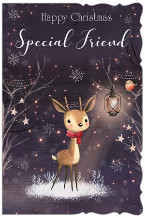 Bring a touch of enchanting Christmas magic to your shelves with this delightful 'Happy Christmas Special Friend' card from Out of The Blue Studios. Perfect for celebrating cherished female friendships, this card features an adorable deer wearing a cosy red scarf, set against a whimsical winter wonderland. Twinkling fairy lights, delicate snowflakes, and a charming robin create a truly heartwarming scene. The elegant script and decorative edge add a premium feel, making it an ideal choice for customers looking for something truly special. Each pack contains 6 beautifully designed cards, ready to spread festive cheer to every special friend.