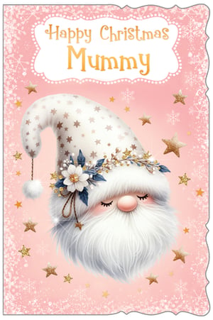 Bring a touch of festive charm to your Christmas card selection with our 'Mummy' design from Out of The Blue Studios Ltd. This enchanting card features an adorable gnome, complete with a fluffy white beard, a star-patterned hat, and a delicate floral crown. Set against a soft pink backdrop, adorned with shimmering gold stars and snowflakes, it creates a truly magical and heartwarming scene. The prominent 'Happy Christmas Mummy' message makes it the perfect choice for showing appreciation to a beloved mum. Supplied in a convenient pack of 6, this card is sure to be a popular pick for your customers this festive season.