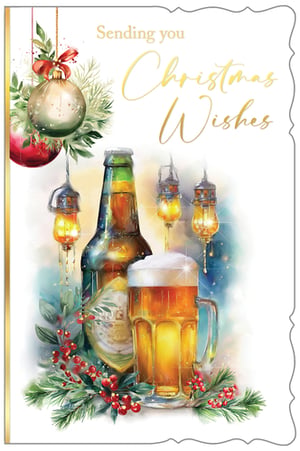 Introduce the 'Open Male' Christmas card, a wonderfully unique design perfect for the festive season. This eye-catching card features a refreshing pint and bottle of beer, beautifully adorned with twinkling Christmas lights, traditional baubles, and festive greenery with red berries. The warm golden text, 'Sending you Christmas Wishes', adds a heartfelt touch.

Ideal for male recipients or anyone who appreciates a relaxed, celebratory Christmas vibe, this card offers a fresh take on festive greetings. Stock up on this distinctive design from Out of The Blue Studios Ltd. Available in a convenient pack size of 1x6, it's sure to be a popular choice for your customers this Christmas.
