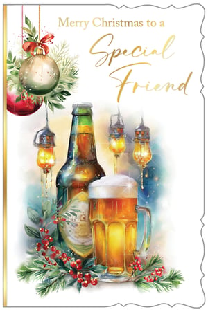 Make Christmas extra special for a valued mate with our 'Friend Male' Christmas card. This beautifully designed card captures the festive spirit with a delightful blend of traditional charm and a relaxed, friendly touch. Featuring classic baubles, lush fir branches, and vibrant red berries, the artwork is complemented by an inviting bottle and pint of beer, illuminated by warm, glowing lanterns. It's the perfect way to send warm wishes and good cheer to a special friend this holiday season. Supplied by Out of The Blue Studios Ltd., these high-quality cards are available in a convenient pack of 6, ready to brighten up your festive card selection.