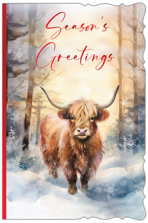 Introduce a charming touch to your seasonal range with our "Open Male" Christmas card. This delightful design features a majestic Highland cow, with its iconic shaggy coat and impressive horns, standing serenely in a snow-dusted forest. The soft, watercolour-style artwork beautifully captures the tranquil winter scene, complete with falling snowflakes and a warm, glowing background. Adorned with "Season's Greetings" in elegant red script, this card offers a unique and heartwarming way to send festive wishes. Supplied by Out of The Blue Studios Ltd., each pack contains 6 cards, perfect for customers seeking something a little different this holiday season.
