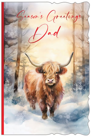 Offer your customers a truly special way to greet their fathers this festive season with our 'Dad' Season's Greetings card. This charming design showcases a magnificent Highland Cow, standing majestically in a serene, snowy woodland scene, complete with falling snowflakes and warm, inviting light. The beautiful painterly illustration perfectly captures the magic of winter. With "Season's Greetings Dad" elegantly scripted on the front, it's an ideal choice for sending warm wishes. From Out of The Blue Studios Ltd., this delightful card comes in a convenient pack of 6, ready to add a unique touch to your Christmas card selection.