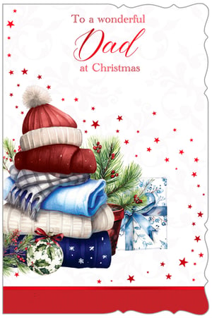 Celebrate Dad this Christmas with our delightful 'Dad' card, a truly heartwarming choice for your festive collection. This charming design captures the essence of a cozy winter, featuring a beautifully illustrated stack of knitwear – from a bobble hat and soft sweaters to a classic plaid scarf. Festive pine branches, vibrant red berries, and a sparkling Christmas bauble add to the seasonal cheer, alongside a thoughtfully wrapped gift. The elegant message, 'To a wonderful Dad at Christmas', is perfect for expressing love and appreciation. Crafted with care by Out of The Blue Studios Ltd., these high-quality cards are supplied in a convenient pack size of 1x6, ready to bring warmth and joy to your customers' Dads this holiday season.