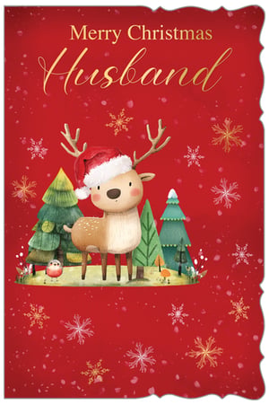 Make his Christmas truly special with this wonderfully charming 'Merry Christmas Husband' card! Featuring an adorable reindeer sporting a festive Santa hat, surrounded by twinkling Christmas trees and delicate snowflakes, this card is sure to bring a smile to his face. The warm red background and elegant golden lettering add a touch of classic festive cheer, while a sweet little robin adds to the enchanting winter scene. Perfect for expressing your love and appreciation, this card is designed with heartfelt sentiment in mind. Supplied by Out of The Blue Studios Ltd, each pack contains 6 cards, ready to delight your customers looking for that perfect Christmas message for their beloved husband.