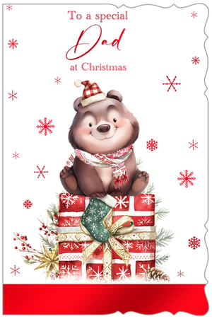 Make Dad's Christmas extra special with this adorable card from Out of The Blue Studios Ltd. Featuring a charming bear in a festive hat and scarf, perched atop a beautifully wrapped present, this card is sure to bring a smile to any Dad's face. The delightful illustration, complete with sparkling snowflakes and festive foliage, captures the warmth and joy of the season. Perfect for expressing love and appreciation, this high-quality Christmas card is a wonderful addition to your seasonal collection. Available in a convenient pack size of 1x6, ensuring you're well-stocked for the festive rush.