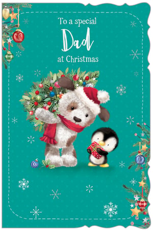 Make Dad's Christmas extra special with this wonderfully heartwarming card! Featuring an irresistibly cute fluffy dog, complete with a Santa hat and festive scarf, proudly carrying a decorated Christmas tree. A sweet little penguin friend joins the scene, holding a perfectly wrapped gift. The charming teal background, adorned with delicate snowflakes and festive trimmings, sets the perfect seasonal mood. This delightful card, with its loving 'To a special Dad at Christmas' message, is sure to bring a smile to his face. Stock up on this popular design from Out of The Blue Studios Ltd., available in a convenient pack of 6.