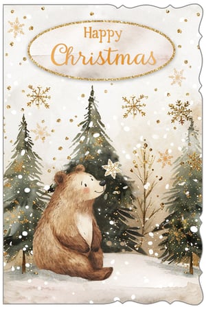 Bring a touch of winter wonder to your Christmas card selection with this enchanting design from Out of The Blue Studios Ltd. Featuring an adorable bear nestled in a snowy forest, surrounded by sparkling golden snowflakes and festive fir trees, this card radiates warmth and charm. The 'Happy Christmas' message, elegantly framed, completes this delightful scene. Perfect for sending heartfelt greetings to anyone, this 'Open Male' card is a truly lovely way to celebrate the season. Available in a convenient pack size of 1x6, it's an ideal addition to your festive offerings.