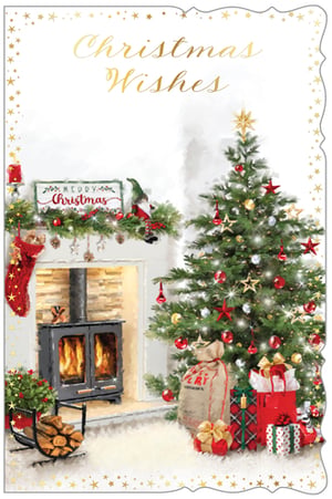 Bring festive cheer to your customers with this delightful Christmas card, featuring a warm and inviting scene. "Christmas Wishes" shimmers in gold above a beautifully decorated room. A crackling wood-burning stove glows beside a traditional Christmas tree, adorned with sparkling baubles and a golden star. Presents are piled high, ready for Christmas morning, while a cosy garland and a friendly gnome add charm to the mantelpiece. This card captures the magic of the season perfectly. Supplied by Out of The Blue Studios Ltd, each pack contains 6 cards, ready to spread joy.