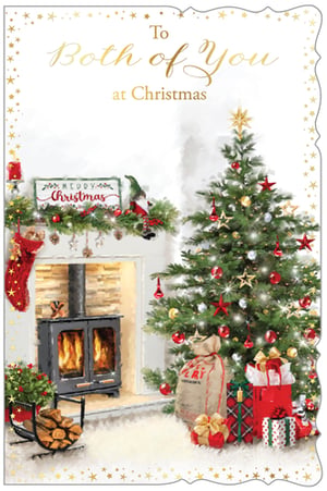 Capture the magic of Christmas with this enchanting 'To Both Of You' card, perfect for sending warm wishes to a special couple. From Out of The Blue Studios Ltd., this delightful design features a cosy festive scene. A crackling wood-burning stove glows beside a beautifully decorated Christmas tree, laden with baubles and stars, and surrounded by festive presents. The mantelpiece is adorned with a 'Merry Christmas' sign, garland, and a charming gnome, all framed by a sparkling gold star border. Available in a convenient pack of 6, these cards are ideal for sharing heartfelt holiday greetings.