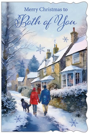 Introduce the truly enchanting 'To Both Of You' Christmas card to your festive range this season. From Out of The Blue Studios Ltd., this beautiful design captures the heartwarming magic of a winter's day. It features a charming watercolour scene of a couple, hand-in-hand with their dog, strolling through a picturesque, snow-dusted village. The tender image, paired with the elegant 'Merry Christmas to Both of You' message, makes it the perfect choice for customers wishing to send warm seasonal greetings to a special couple. Its timeless appeal and cozy sentiment are sure to make it a popular addition to any Christmas card display. Supplied in a convenient pack of 6.