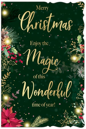 Bring festive cheer to your customers with this beautiful Christmas card from Out of The Blue Studios Ltd. Featuring a rich, deep green background, the elegant gold script wishes a 'Merry Christmas' and encourages recipients to 'Enjoy the Magic of this Wonderful time of year!'.

Adorned with traditional foliage like pine, holly, and poinsettia, enhanced with sparkling gold accents and warm, glowing lights, this card truly captures the season's magic. The intricate details and decorative edge make it a delightful choice for spreading joy. Perfect for the holiday season, this design comes in a convenient pack size of 1x6, ready to stock for your customers. A timeless and enchanting card for a special time of year.