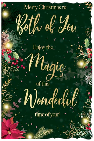 Share the festive spirit with our lovely 'To Both Of You' Christmas cards, brought to you by Out of The Blue Studios Ltd. These charming cards feature a deep green background, beautifully decorated with golden script, traditional Christmas foliage such as holly, poinsettias, and pinecones, all enhanced with subtle sparkling details. The warm message, "Merry Christmas to Both of You Enjoy the Magic of this Wonderful time of year!", makes them ideal for sending greetings to couples or families. Each pack includes 6 high-quality cards, perfect for your retail offering this holiday season.