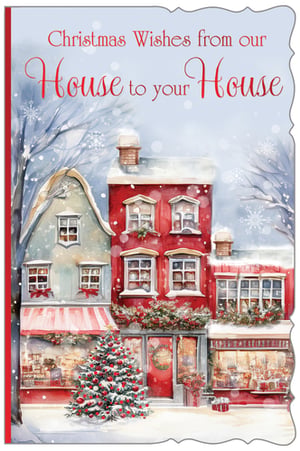 Bring the magic of Christmas to your customers with our delightful 'House to House' Christmas cards. From Out of The Blue Studios Ltd, this charming design features a beautiful watercolour illustration of a snowy, festive street. Adorned with twinkling lights, decorated houses, and a prominent Christmas tree, it evokes a truly cosy winter scene. The heartfelt message, "Christmas Wishes from our House to your House," perfectly captures the warmth and connection of the season, making it an ideal choice for sending greetings to loved ones. Available in a convenient pack of 6, these cards are ready to add a touch of traditional cheer to your seasonal collection.